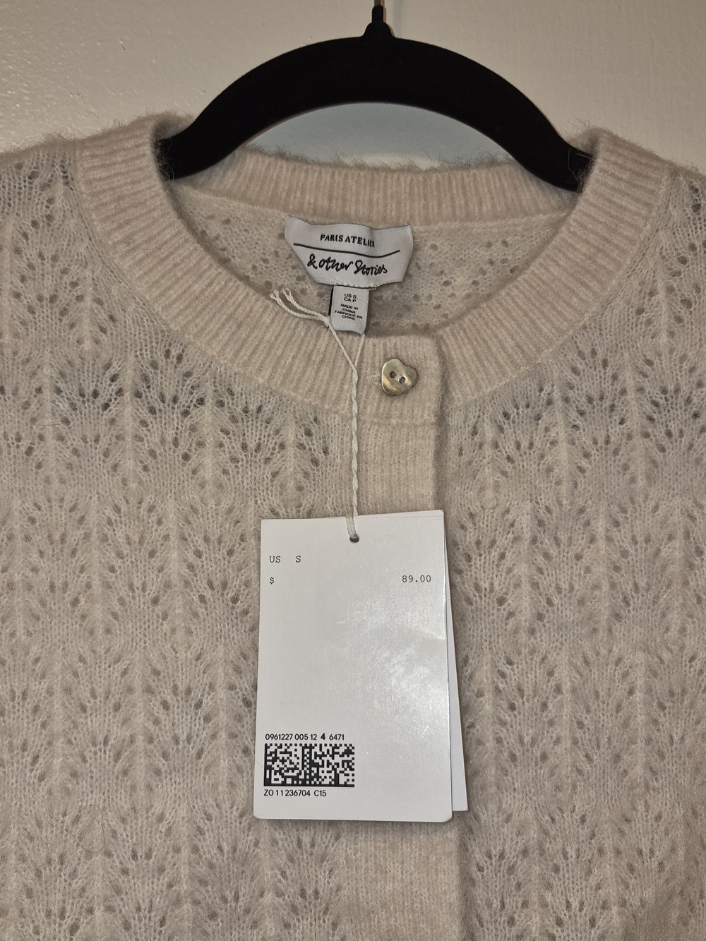 New Tags & Other Stories Cream Eyelet Knit Heart Button Cardigan, Size S - Picture 3 of 3